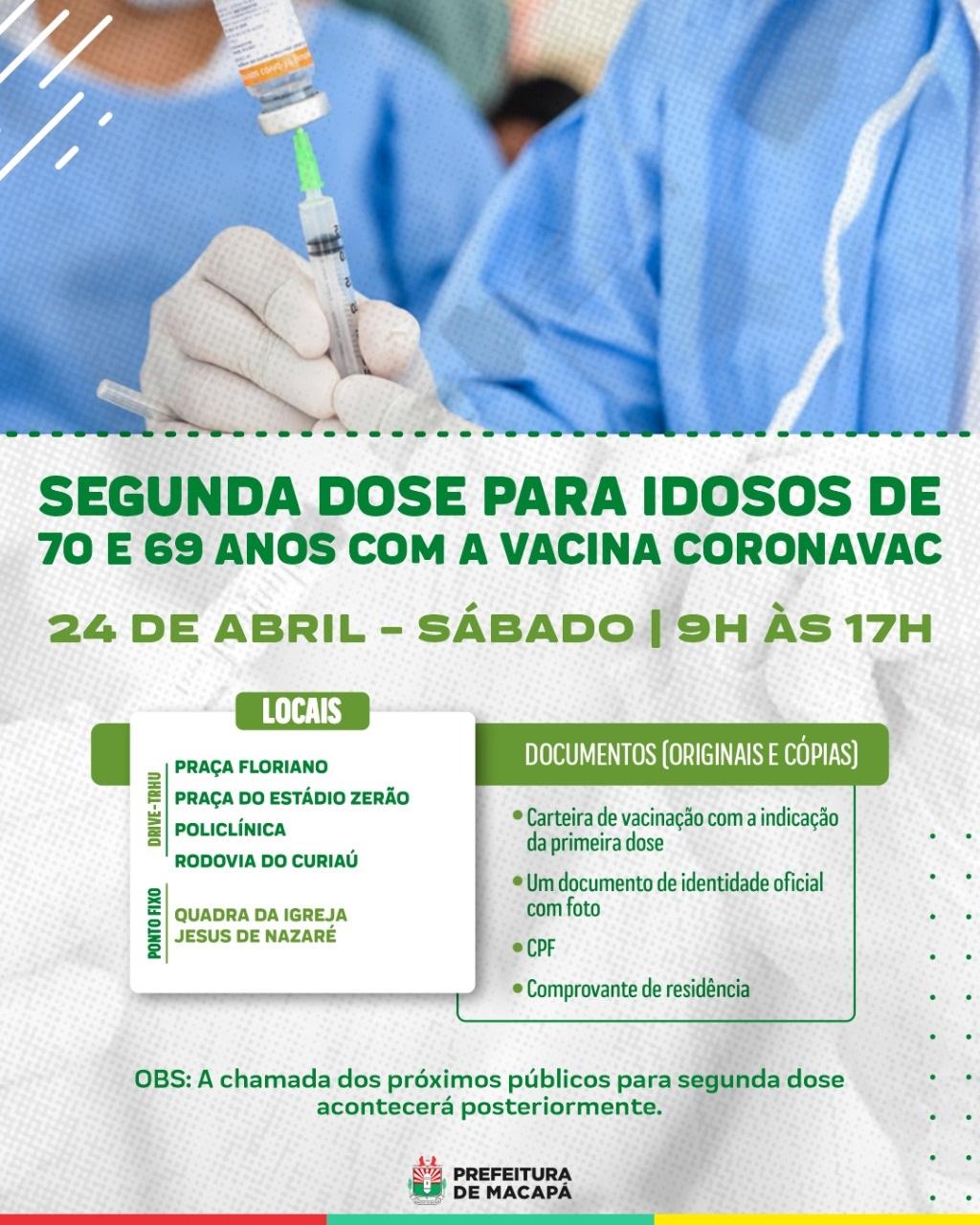 Covid-19: Semsa retoma aplicação da 2ª dose da CoronaVac em idosos neste sábado (24)