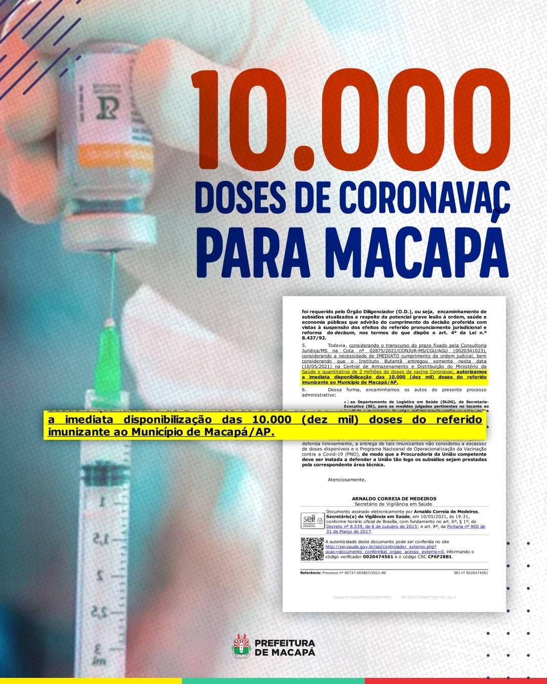 MACAPÁ RECEBE 10 000 DOSES DE CORONAVAC