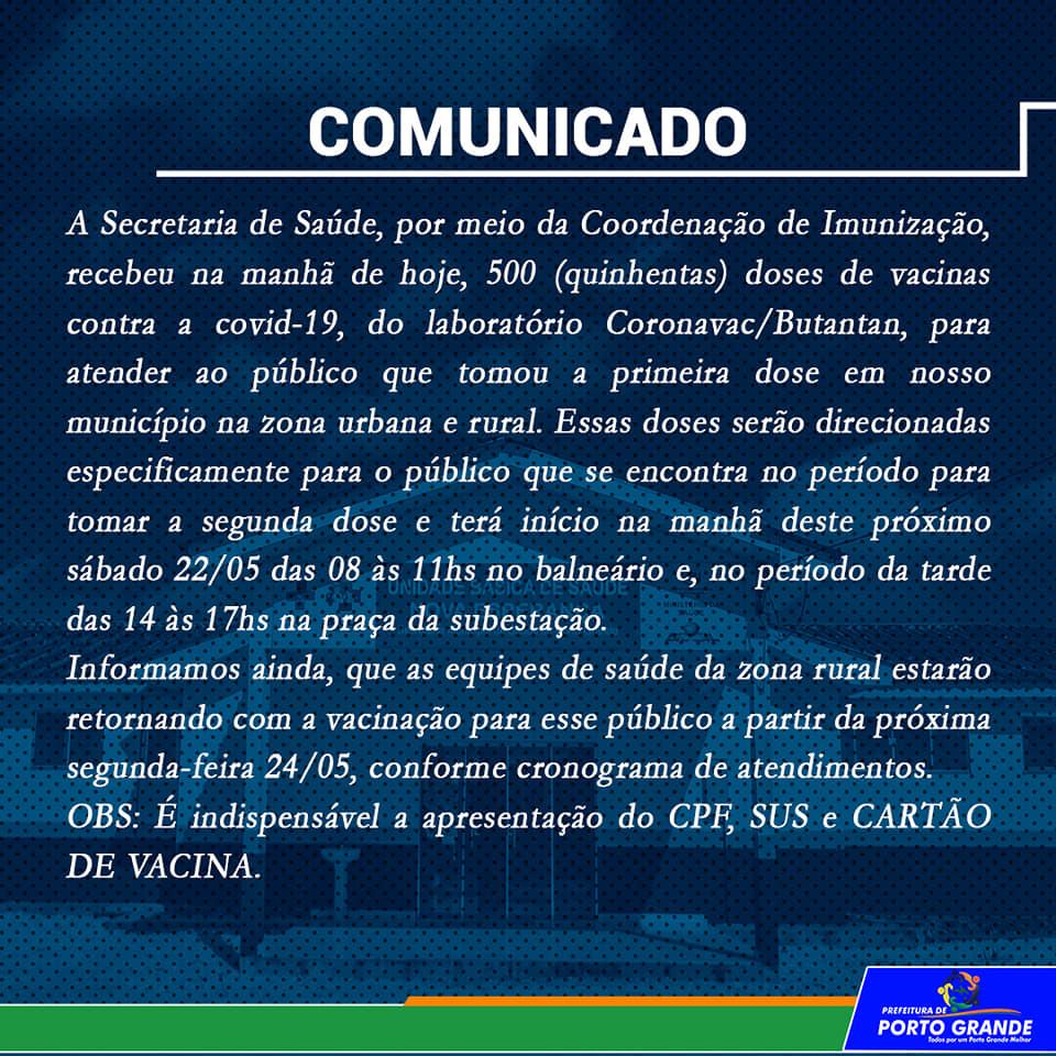 Vacinação terá início na manhã deste próximo sábado 22/05