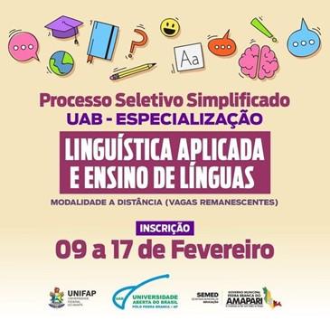 Últimos Dias para Inscrição no Curso de Especialização em Linguística Aplicada e Ensino de Línguas EAD - Vagas Remanescentes