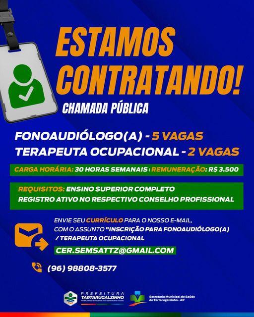 Prefeitura de Tartarugalzinho abre vagas para fonoaudiólogos e terapeutas ocupacionais