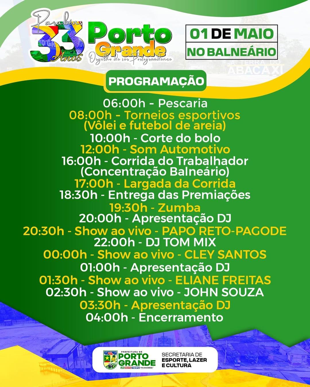 Porto Grande celebra 33 anos com festa repleta de atrações no Balneário