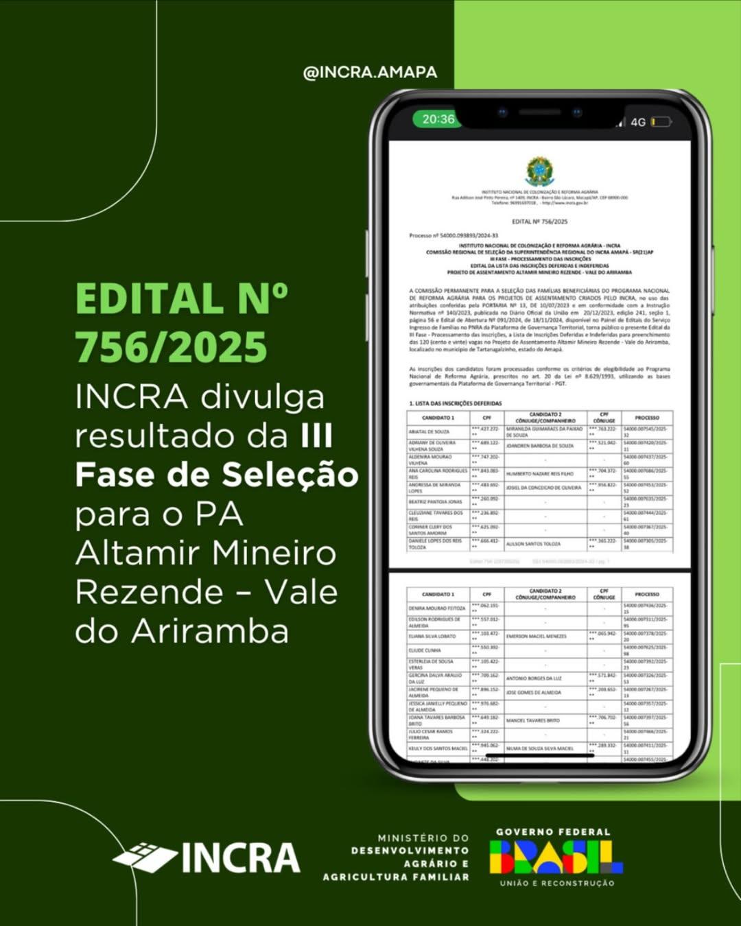 Prefeitura de Tartarugalzinho: Incra divulga resultado da terceira fase de seleção para o Assentamento Altamir Mineiro
