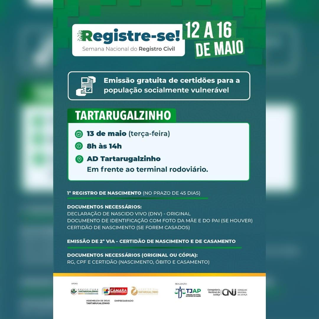 Prefeitura de Tartarugalzinho promove emissão gratuita de certidões durante a Semana Nacional do Registro Civil